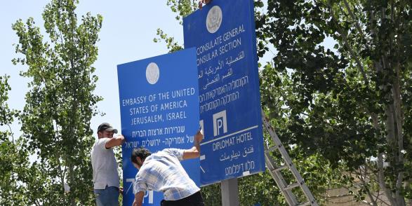 Workers mount signs for the official opening of the new U.S. Embassy in Jerusalem May 11, 2018. (US State Department / Alamy Stock Photo)